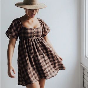 By Together Brown Plaid Flutter Sleeve Prairie Mini Dress S